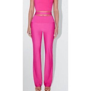 KHY Sleek Stretch Cutout Foldover Pants Womens Small Pink Flare High Rise Party